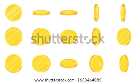 Sprite sheet of gold coins rotation. Coin turn around, 2d animation for game and apps. Flat vector cartoon illustration isolated on white background.