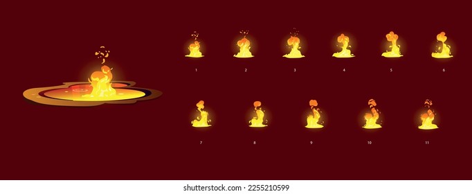 Sprite sheet of a lava pond with fire animation. Animation for game or cartoon.