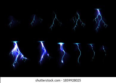 Sprite sheet with lightnings, thunderbolt strikes set for game fx animation. Vector realistic set of blue electric impact at night, sparking discharge of thunderstorm isolated on black background