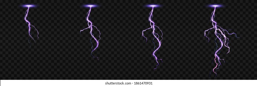 Sprite sheet with lightnings, thunderbolt strikes set for fx animation. Vector realistic set of purple electric impact at night, sparking discharge of thunderstorm isolated on transparent background