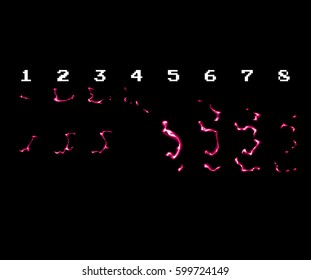 Sprite sheet of pink lightning strike, electric magic attack or something else. Animation for game or cartoon.