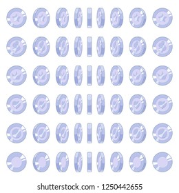 Sprite sheet of silver coins isolated on white background. Different design of game icons: plain coin, with star, crown, circle, heart, dollar sign. Coin rotation steps vector illustration.