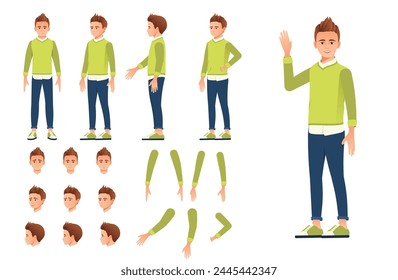 Sprite sheet of a teenage boy character, perfect for animation, featuring a range of poses and expressions.