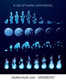 Sprite sheet of water splashes. A set of animations for game or cartoon.
