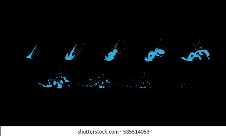 Sprite sheet of a water wave, water splashes, a water strike or something else. Animation for game or cartoon.