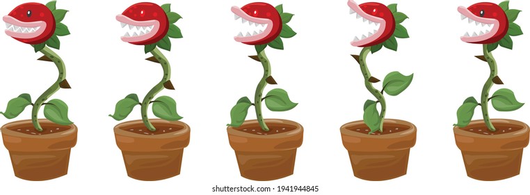 Sprites of a carnivorous plant on a pot, opening its mouth