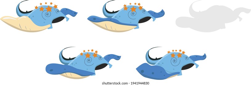 Sprites of a mantaralla moving and with stars rotating around its head, illustration type cartoon