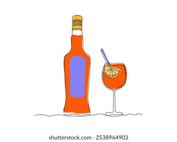 coquetel de aperol spritz. Garrafa de vidro com licor, álcool. desenho de arte de linha única contínua esboço, logotipo