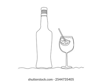 spritz aperol cocktail. Glass bottle with liquor, alcohol. continuous single line art drawing sketch, logo