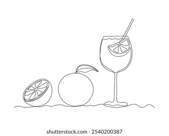 coquetel de aperol de spritz e fruta laranja. desenho de arte de linha única contínua esboço, logotipo