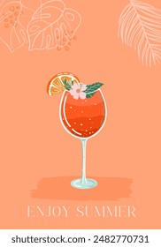 Spritz Cocktail. Glass of Summer fruit drink with orange slice, flower and mint. Refreshing lemonade. Hand drawn flat style colorful trendy vector illustration.