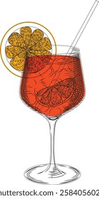 Spritz cocktail in a glass vector color illustration in sketch style. Hand drawn line art drawing of refreshing orange drink with ice. Colored engraving for bar and menu.