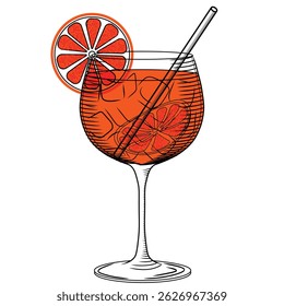 Spritz cocktail in glass vector color illustration in sketch style. Hand drawn linear drawing of refreshing orange drink with ice and straw. Color engraving for bar and menu.