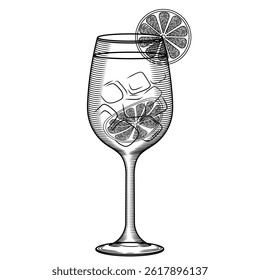 Spritz or limoncello cocktail vector illustration in sketch style. Hand drawn line art for menu and recipes. Monochrome engraving of traditional Italian aperitif.	