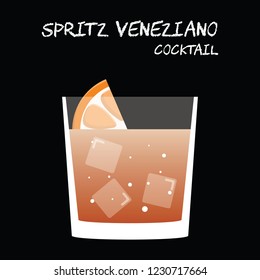 Spritz Veneziano Cocktail Illustration in vector with orange wedge garnish on square black background.