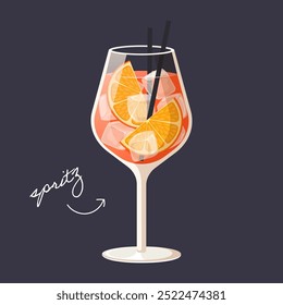 Spritz Veneziano coquetel isolado em fundo preto. Ilustração vetorial de bebida alcoólica moderna em vidro alto