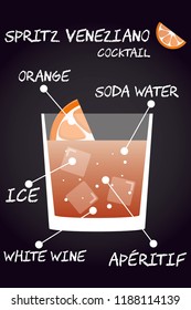 Spritz Veneziano Cocktail recipe Illustration in vector with orange wedge.