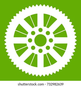 Sprocket from bike icon white isolated on green background. Vector illustration