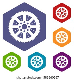 Sprocket from bike icons set rhombus in different colors isolated on white background