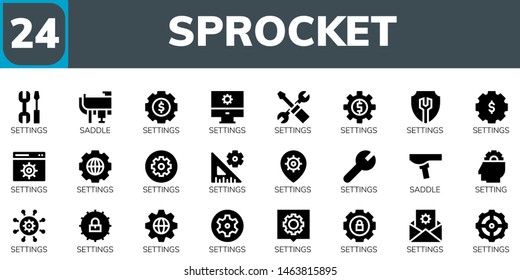 sprocket icon set. 24 filled sprocket icons.  Collection Of - Settings, Saddle, Setting