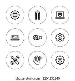 Sprocket icon set. collection of 9 outline sprocket icons with bicycle fork, crankset, setting icons. editable icons.