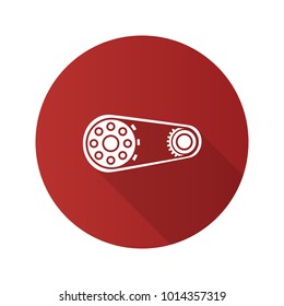 Sprocket wheel with chain flat design long shadow glyph icon. Drive belt on pulley. Vector silhouette illustration