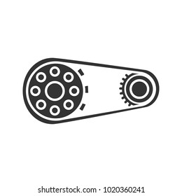 Sprocket wheel with chain glyph icon. Drive belt on pulley. Silhouette symbol. Negative space. Vector isolated illustration