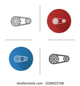 Sprocket wheel with chain icon. Flat design, linear and color styles. Drive belt on pulley. Isolated vector illustrations