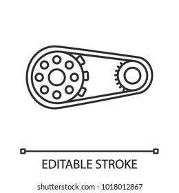 Sprocket wheel with chain linear icon. Thin line illustration. Drive belt on pulley. Contour symbol. Vector isolated outline drawing. Editable stroke