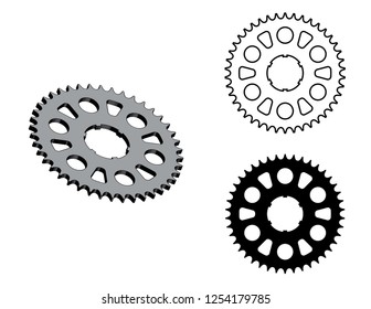 Sprocket wheel. Drivetrain components. 3D effect and flat vector
