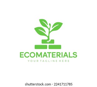 Sprout and brickwork, ecological building material and construction, logo design. Plant, nature, leaf, leaves, construction materials and bricks, vector design and illustration