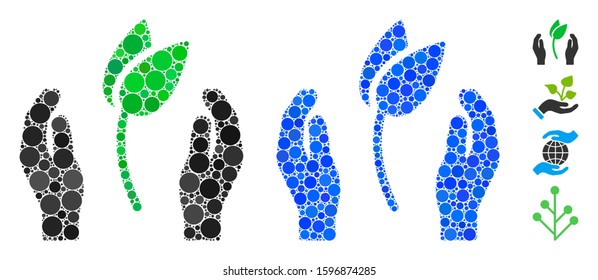Sprout care hands composition of filled circles in variable sizes and color tints, based on sprout care hands icon. Vector filled circles are combined into blue illustration.