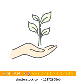Sprout in caring hand. Editable stroke sketch icon. Stock vector illustration.