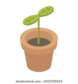 Sprout in clay pot - hand drawn isometric vector illustration.