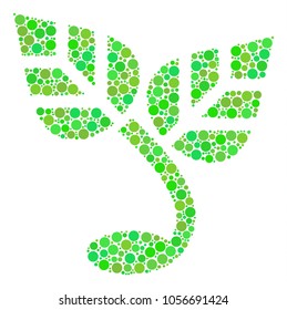 Sprout collage of dots in variable sizes and eco green color tints. Vector round dots are organized into sprout illustration. Ecological vector illustration.