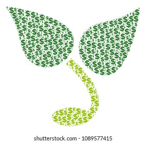 Sprout composition of dollars and spheric spots. Vector banking signs are grouped into sprout mosaic.