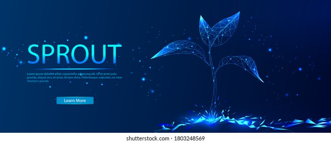 Sprout. The concept of growing plants. Abstract illustration isolated on a blue background. Save the planet, nature, environment. Grow life, polygon, triangles, low poly, vector illustration.