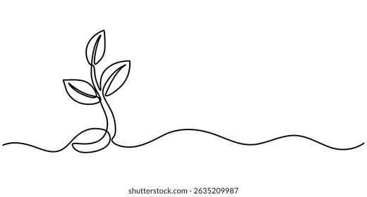 sprout continuous one line drawing, sprout continuous one line drawing. Seeds sprouting in the ground. Growth, seedling, gardening concept one line. Plant growth process Vector illustration.