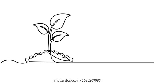 sprout continuous one line drawing, sprout continuous one line drawing. Seeds sprouting in the ground. Growth, seedling, gardening concept one line. Plant growth process Vector illustration.