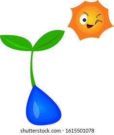 sprout drop of water and sun objects on a white background concept of agriculture and environment