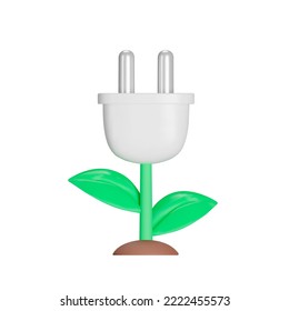 Sprout with an electric plug 3d icon. Green energy. Isolated object on transparent background