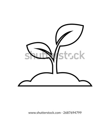 Sprout emerges from soil with two young leaves in a black outlined icon on white; symbolizing growth, nature, and fresh starts.