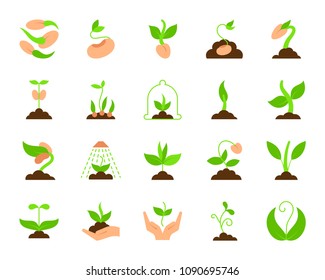 Sprout flat icons set. Web sign kit of seeds. Sprout icon collection includes plant, leaves, grass. Simple cartoon colorful symbol isolated on white. Vector Illustration - Shutterstock ID 1090695746
