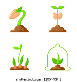 Sprout flat icons set. Web sign kit of sow seeds. Organic food icon collection includes plant, sapling, leaves, grass. Agriculture simple cartoon colorful symbol isolated on white vector Illustration
