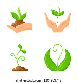 Sprout flat icons set. Web sign kit of sow seeds. Protection of Nature icon collection includes plant, hands, sapling. Agriculture simple cartoon colorful symbol isolated on white vector Illustration