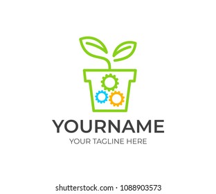 Sprout in flower pot and gears, logo template. Ecological mechanical gear, bio technology, business growth and agriculture industry, vector design. Eco technology and environment, illustration