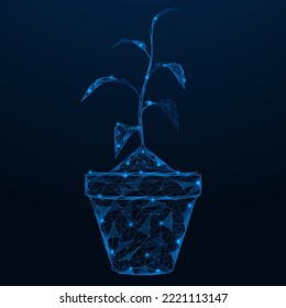 Sprout in a flower pot. Polygonal design of interconnected lines and points. Blue background.