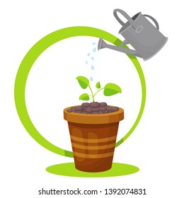 sprout in a flower pot watering watering can vector illustration