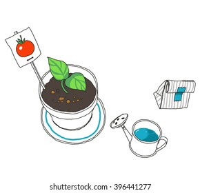 Sprout in a flowerpot. Gardening, hobbies, interests. Vector hand-drawn sketch.
