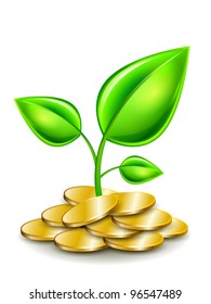 Sprout in gold coins. Green young leaves. Vector illustration.